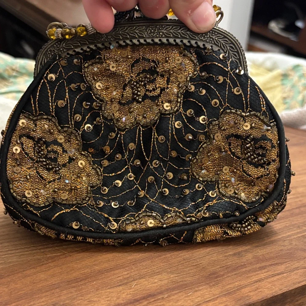Vintage Christiana Black and Gold Floral Embroidered Clutch- beaded
